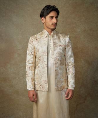 Beige floral embroiderd jacket with kurta and pant 2
