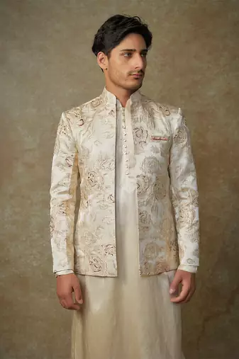 Beige floral embroiderd jacket with kurta and pant