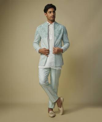 Mint embroiderd jacket with kurta and pant 1