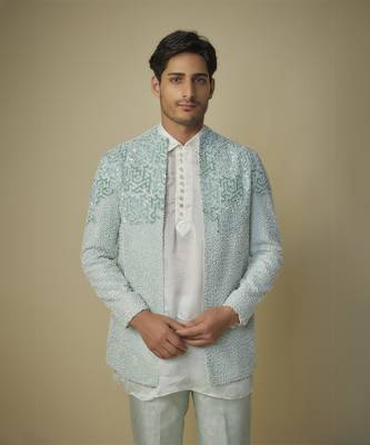 Mint embroiderd jacket with kurta and pant 2