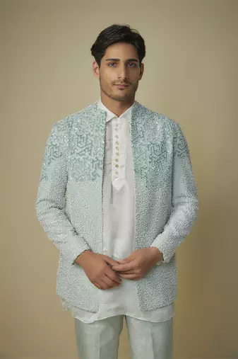 Mint embroiderd jacket with kurta and pant