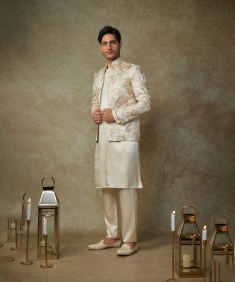 Beige floral embroiderd jacket with kurta and pant 5