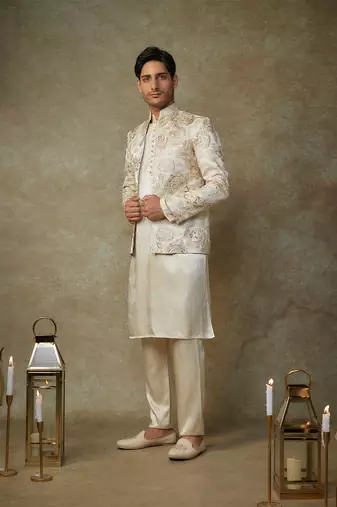 Beige floral embroiderd jacket with kurta and pant
