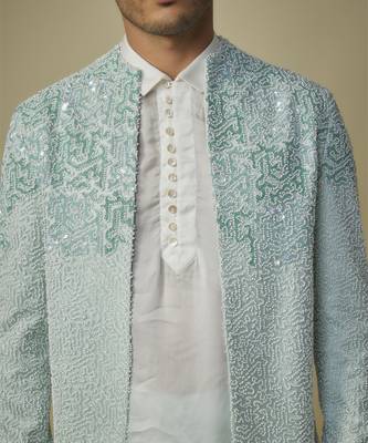 Mint embroiderd jacket with kurta and pant 3