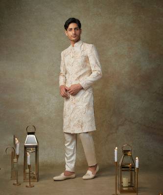 Beige embroiderd sherwani with pant 1