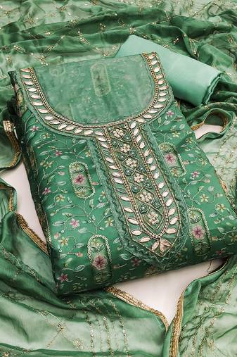 Women's light green unstitched sequence embroidery viscose organja dress material 