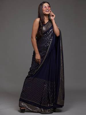 Beautiful Blue Sequins Embroidered with Swarovski work Georgette Saree With Blouse 2