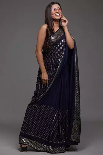 Beautiful Blue Sequins Embroidered with Swarovski work Georgette Saree With Blouse