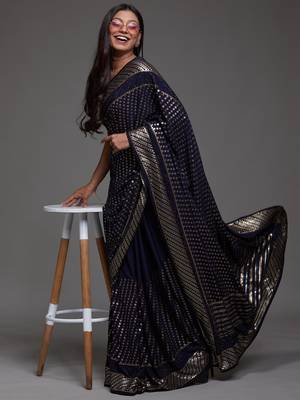 Beautiful Blue Sequins Embroidered with Swarovski work Georgette Saree With Blouse 3