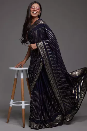 Beautiful Blue Sequins Embroidered with Swarovski work Georgette Saree With Blouse