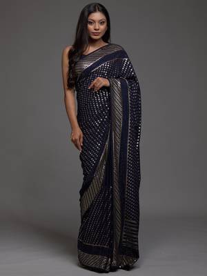 Beautiful Blue Sequins Embroidered with Swarovski work Georgette Saree With Blouse 4