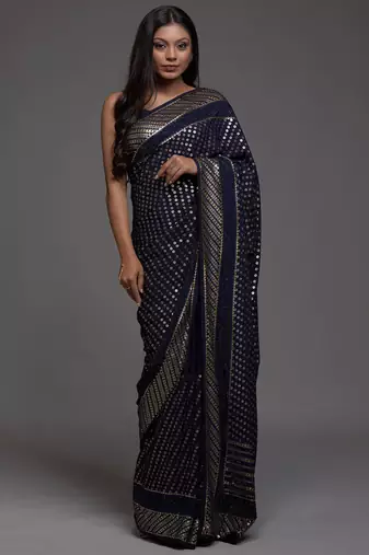 Beautiful Blue Sequins Embroidered with Swarovski work Georgette Saree With Blouse