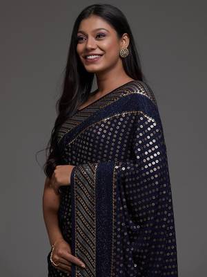 Beautiful Blue Sequins Embroidered with Swarovski work Georgette Saree With Blouse 6