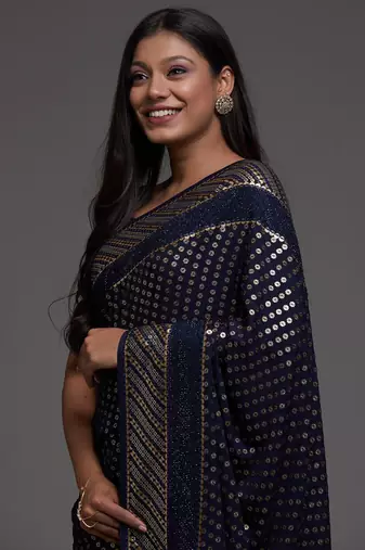 Beautiful Blue Sequins Embroidered with Swarovski work Georgette Saree With Blouse