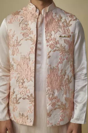 Peach floral bundi with kurta and pant