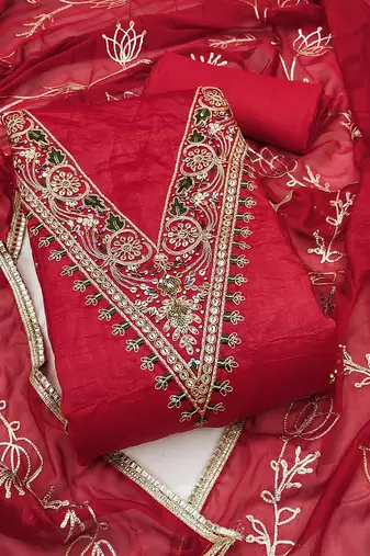 Women's red unstitched heavy handwork golden curse dress material 