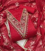 Women's red unstitched heavy handwork golden curse dress material 