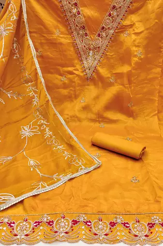Women's orange heavy handwork golden curse dress material