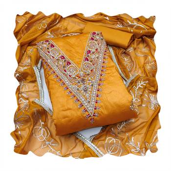 Women's orange heavy handwork golden curse dress material 4