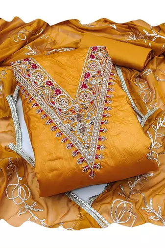 Women's orange heavy handwork golden curse dress material