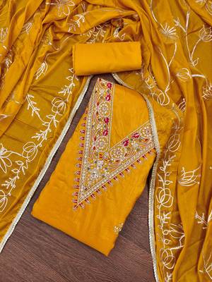 Women's orange heavy handwork golden curse dress material 5