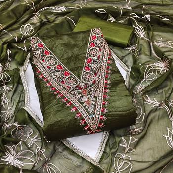 Women's green heavy handwork golden curse dress material 1