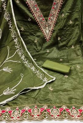 Women's green heavy handwork golden curse dress material 2