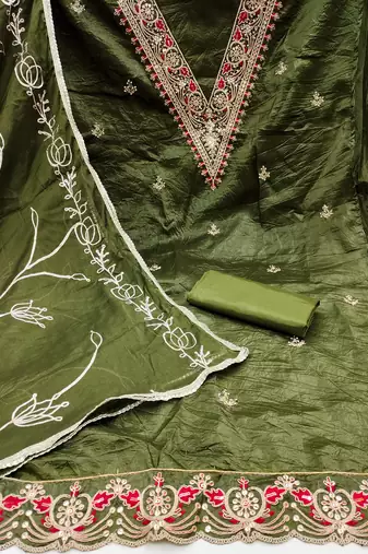 Women's green heavy handwork golden curse dress material