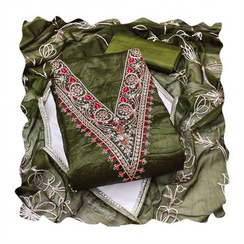 Women's green heavy handwork golden curse dress material 4