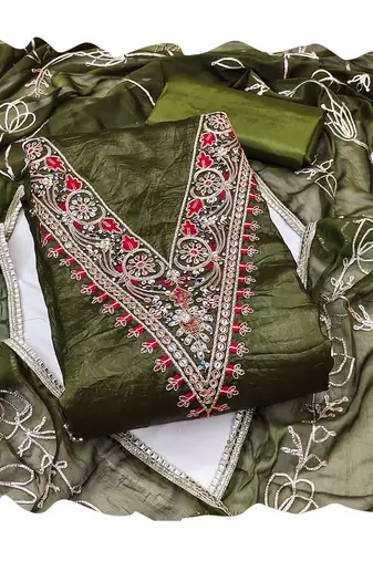Women's green heavy handwork golden curse dress material