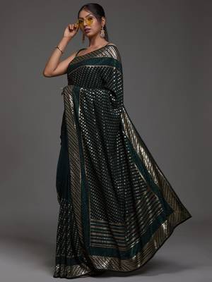 Glamorous Green Sequins Embroidered with Swarovski work Georgette Saree With Blouse 1