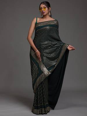 Glamorous Green Sequins Embroidered with Swarovski work Georgette Saree With Blouse 2