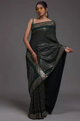 Glamorous Green Sequins Embroidered with Swarovski work Georgette Saree With Blouse