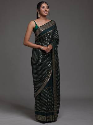 Glamorous Green Sequins Embroidered with Swarovski work Georgette Saree With Blouse 3