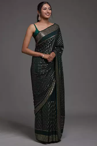 Glamorous Green Sequins Embroidered with Swarovski work Georgette Saree With Blouse