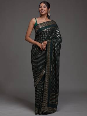 Glamorous Green Sequins Embroidered with Swarovski work Georgette Saree With Blouse 4