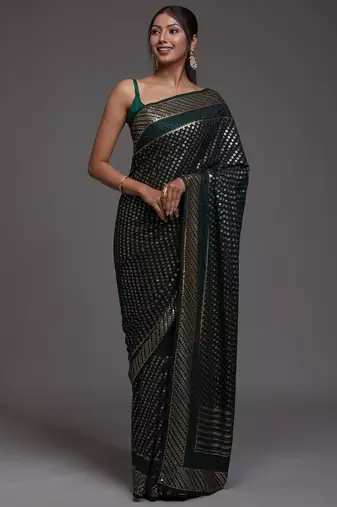 Glamorous Green Sequins Embroidered with Swarovski work Georgette Saree With Blouse