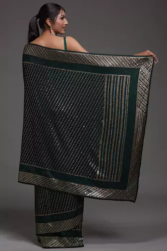 Glamorous Green Sequins Embroidered with Swarovski work Georgette Saree With Blouse