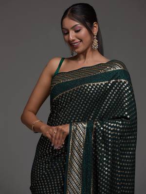 Glamorous Green Sequins Embroidered with Swarovski work Georgette Saree With Blouse 6