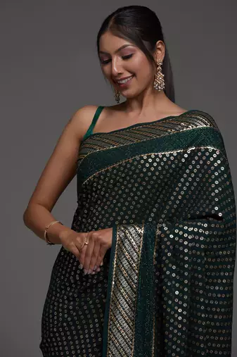 Glamorous Green Sequins Embroidered with Swarovski work Georgette Saree With Blouse
