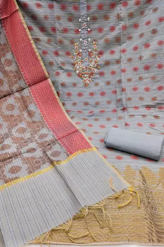 Women's grey designer weaving and fancy handwork banarasi dress material