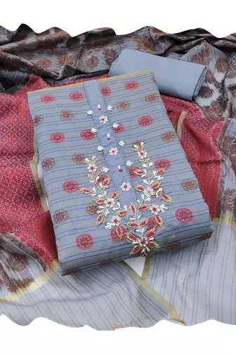 Women's grey designer weaving and fancy handwork banarasi dress material
