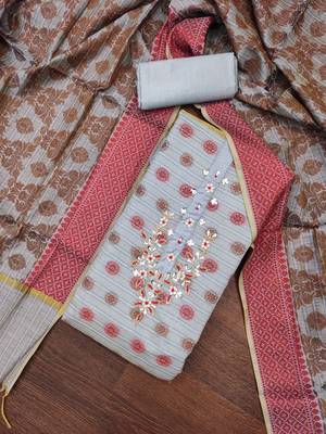 Women's grey designer weaving and fancy handwork banarasi dress material 5