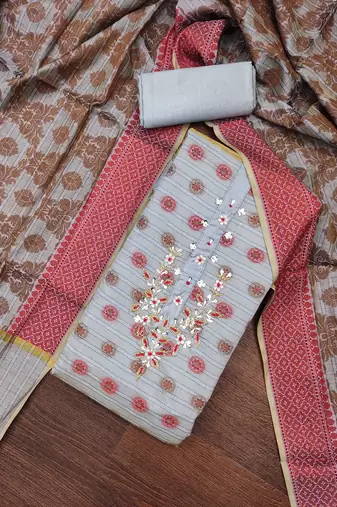 Women's grey designer weaving and fancy handwork banarasi dress material