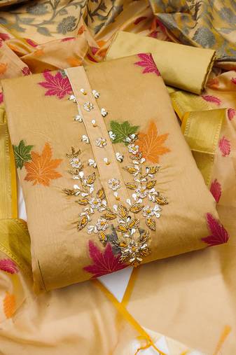 Women's beige unstitched designer weaving and fancy handwork banarasi dress material 