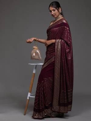 Incredible Maroon Sequins Embroidered with Swarovski work Georgette Saree With Blouse 2