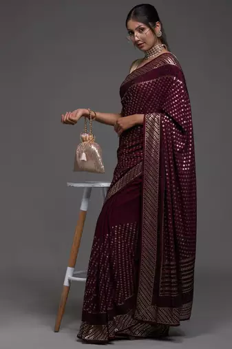 Incredible Maroon Sequins Embroidered with Swarovski work Georgette Saree With Blouse