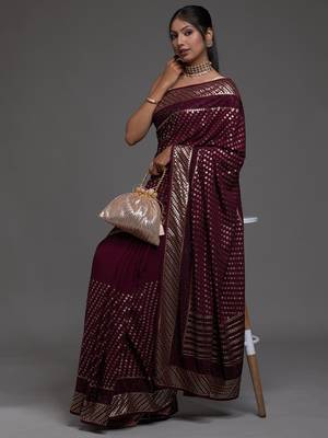 Incredible Maroon Sequins Embroidered with Swarovski work Georgette Saree With Blouse 3