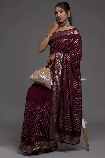 Incredible Maroon Sequins Embroidered with Swarovski work Georgette Saree With Blouse