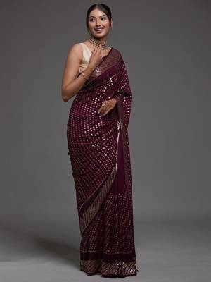 Incredible Maroon Sequins Embroidered with Swarovski work Georgette Saree With Blouse 4